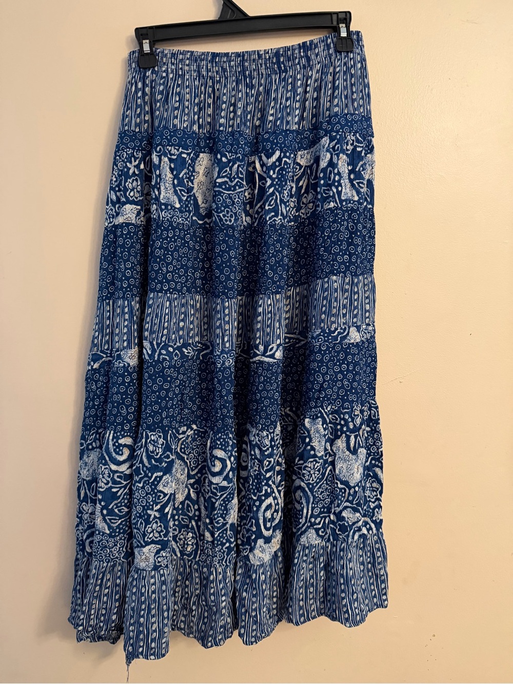 Blue Floral Tiered Maxi Skirt with Elastic Waist